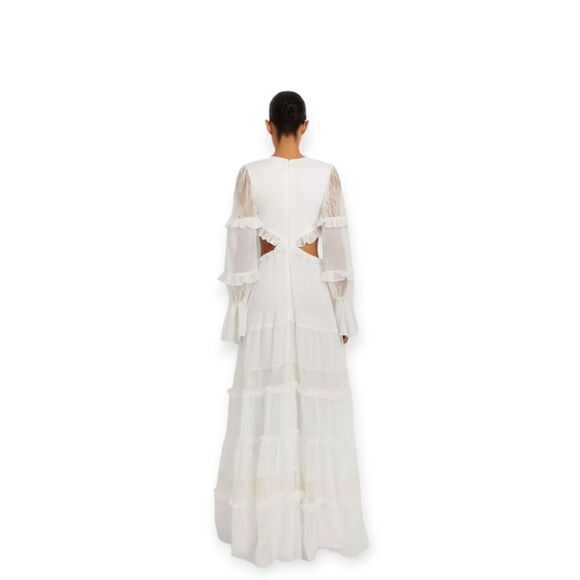 PatBo White Cutout Lace-Trim Linen V-Neck Maxi Dress – Women’s Designer Dress - Picture 13 of 16